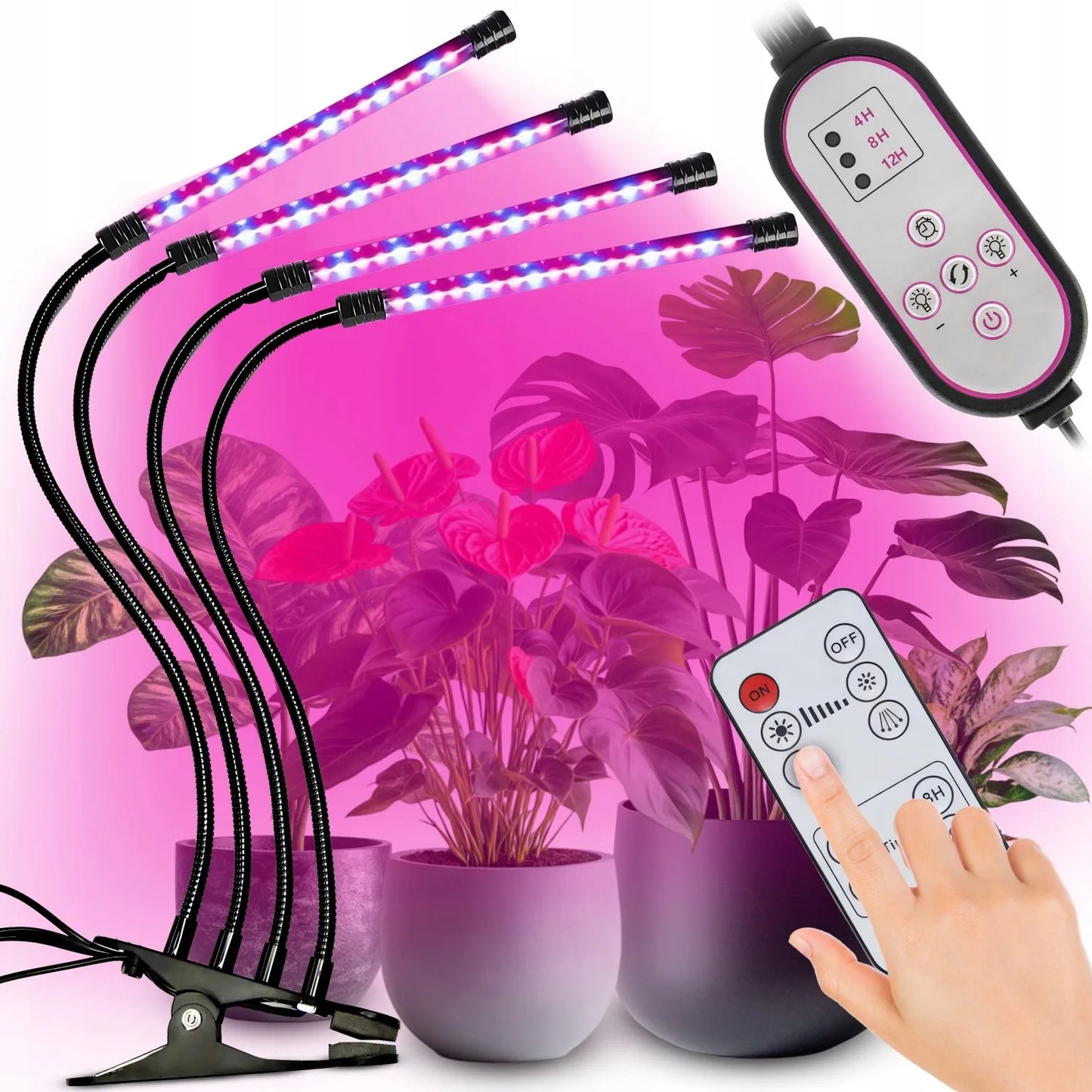 4x AUGALŲ AUGINIMO LEMPA, 80 LED, VISO SPEKTRO, 36 W + PULTELIS, RINKINYS