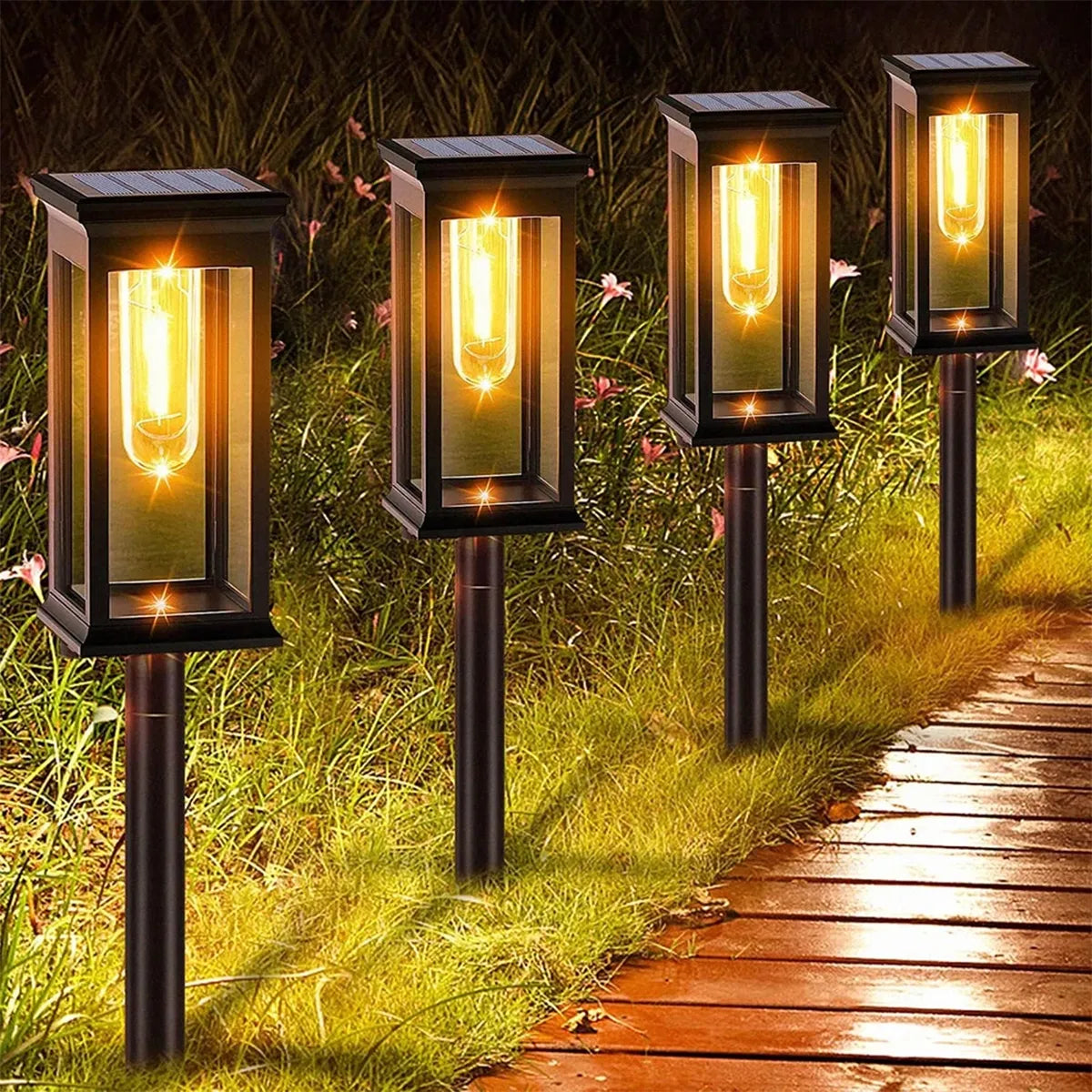 4x saulės energija maitinami dekoratyviniai sodo žibintai