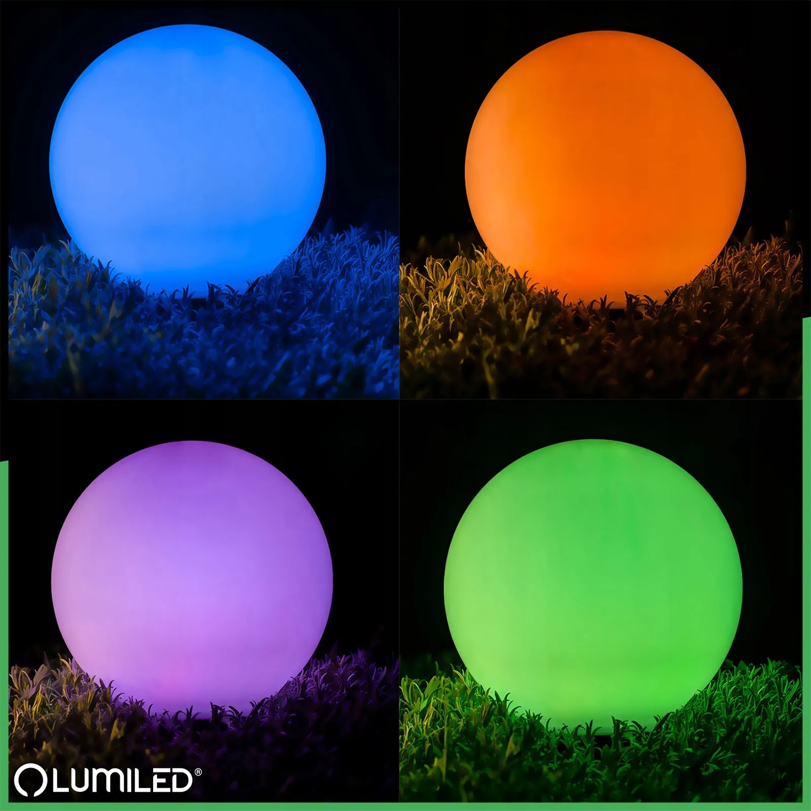 4x saulės energija maitinami LED sodo šviestuvai, įsmeigiami į žemę, balti rutuliai, 15 cm, RGB spalvoti