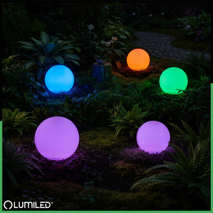 4x saulės energija maitinami LED sodo šviestuvai, įsmeigiami į žemę, balti rutuliai, 15 cm, RGB spalvoti