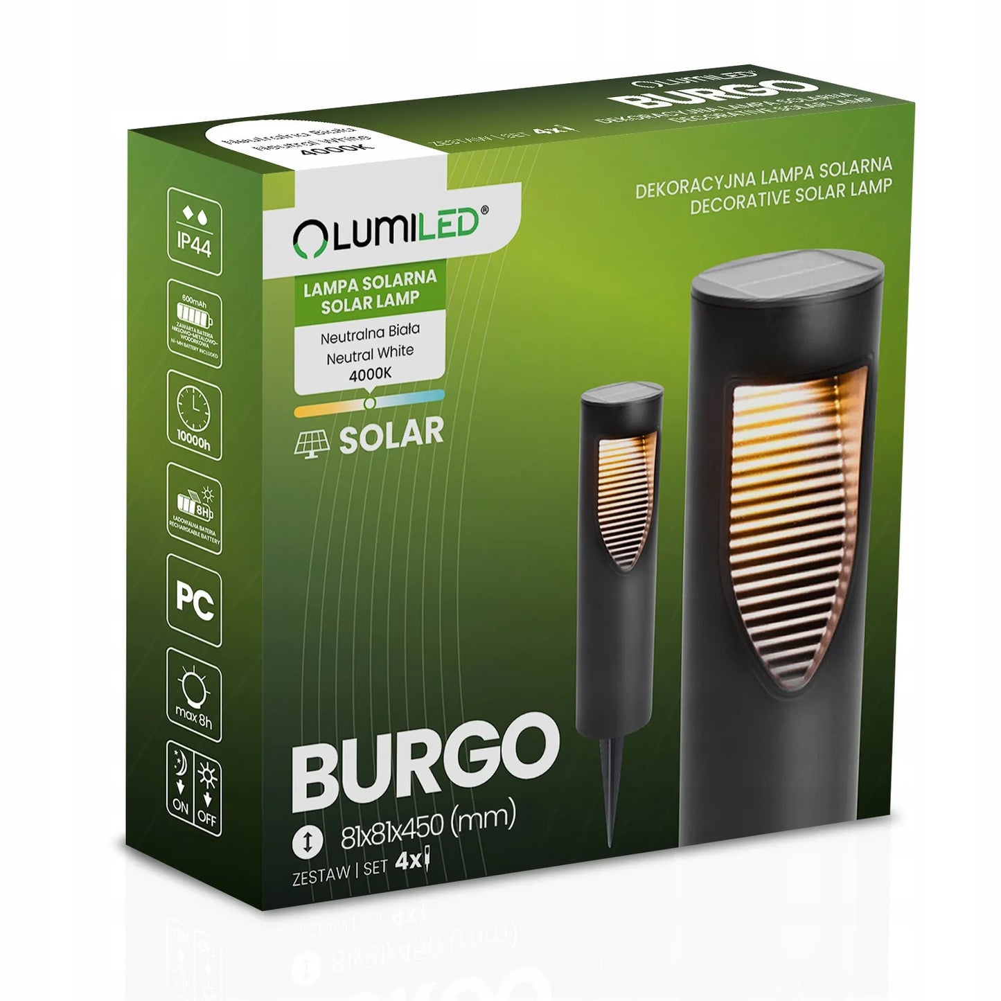 4x saulės energija maitinami LED sodo šviestuvai, įsmeigiami į žemę su prieblandos jutikliu