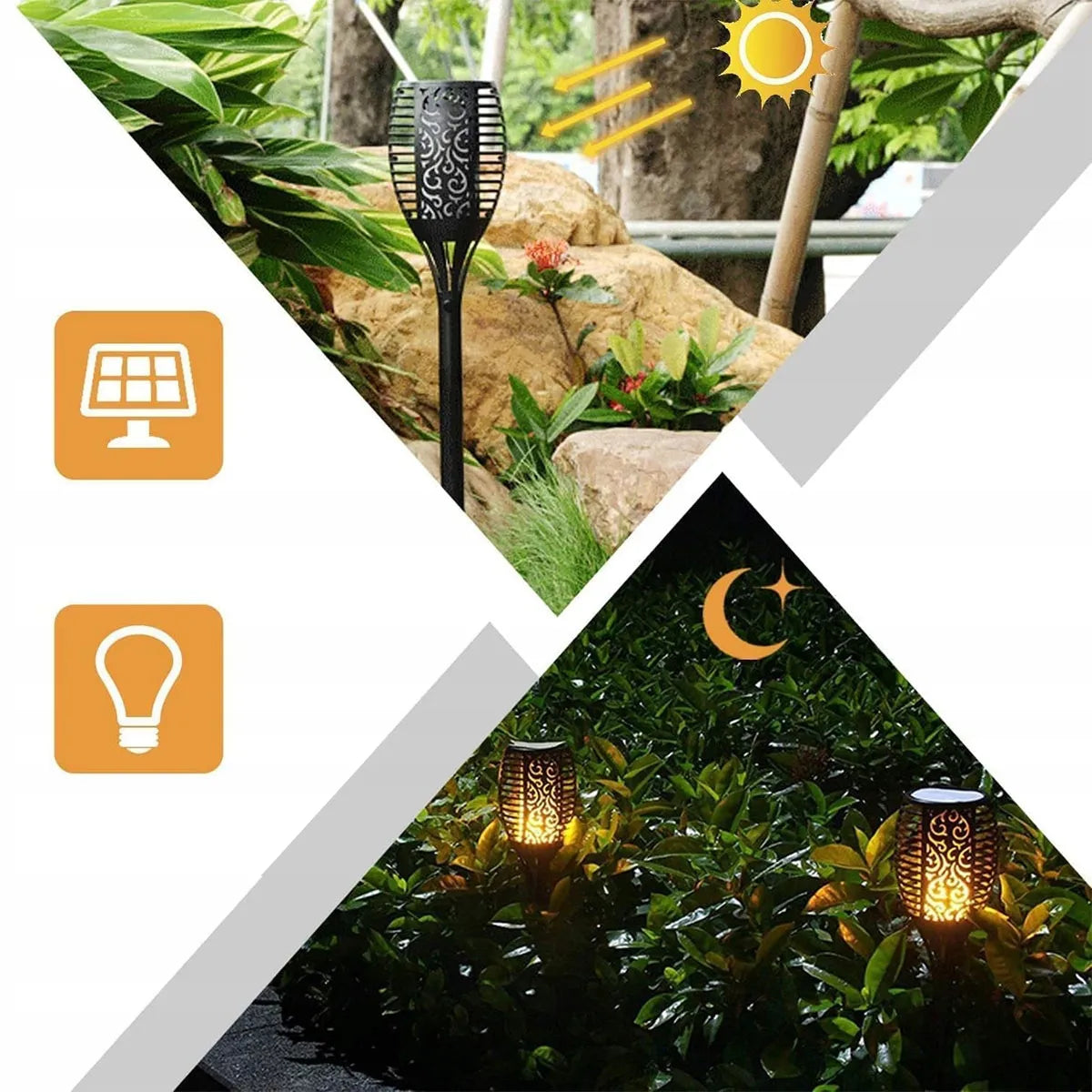4x saulės energija varomi sodo žibintai, liepsnos efekto fakelai, įkalami į žemę, dekoratyviniai