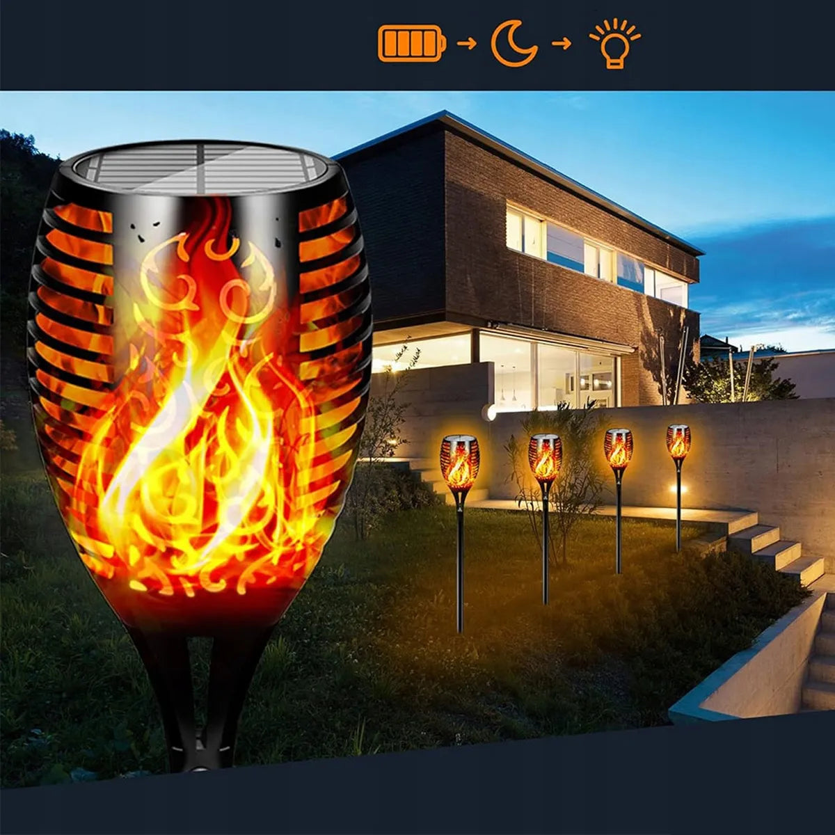 4x saulės energija varomi sodo žibintai, liepsnos efekto fakelai, įkalami į žemę, dekoratyviniai
