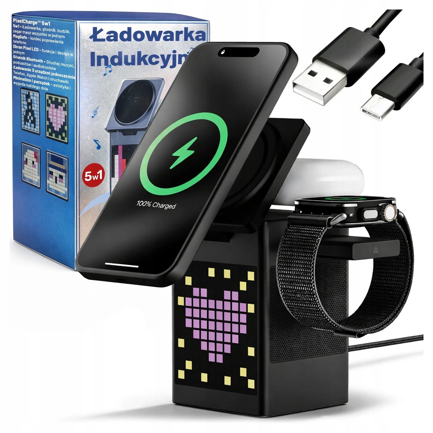 5-in-1 belaidis indukcinis QI įkroviklis, skirtas MagSafe, iPhone, AirPods ir Watch