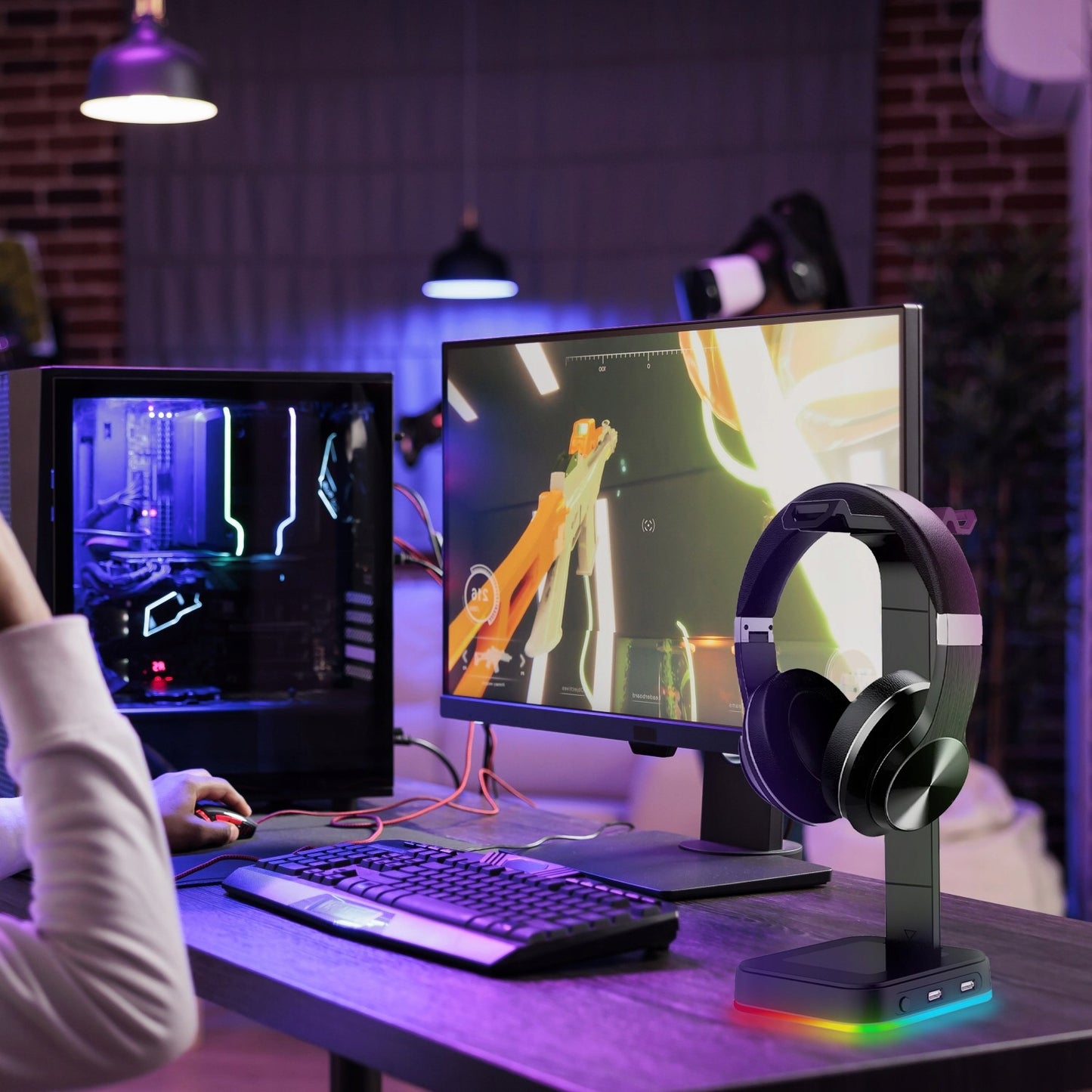 Žaidimų ausinių stovas / laikiklis su RGB apšvietimu, USB Hub + 2x USB