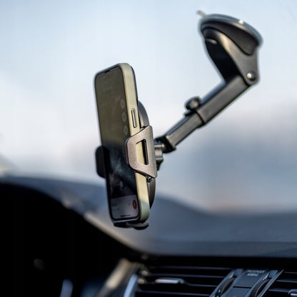 Tvirtas automobilinis laikiklis telefonui ant priekinio stiklo, prietaisų skydelio, salono