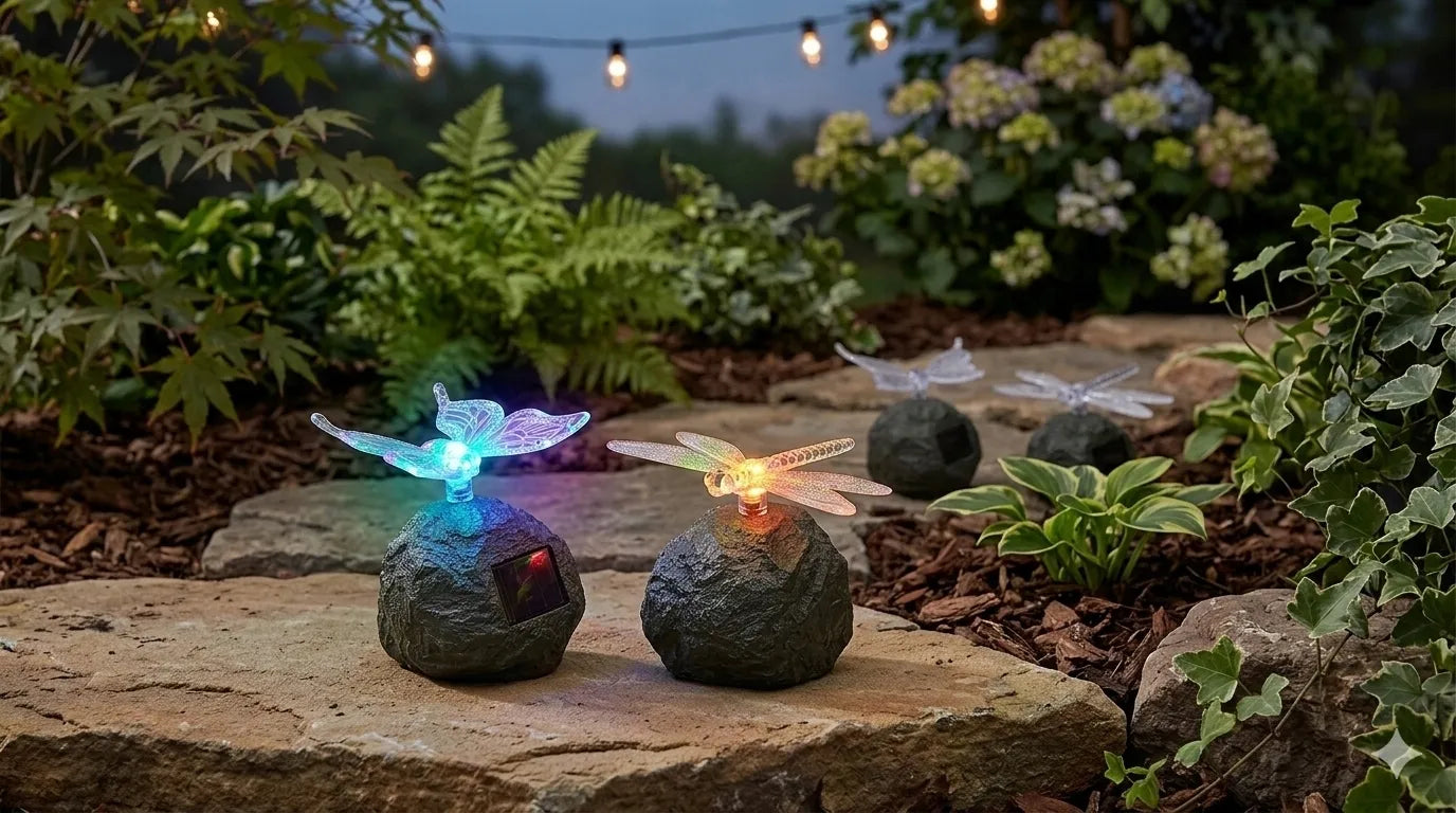 6 vnt. „POLIFACH“ saulės energija veikiančios dekoratyvinės LED lempos, akmens dizainas su drugeliais