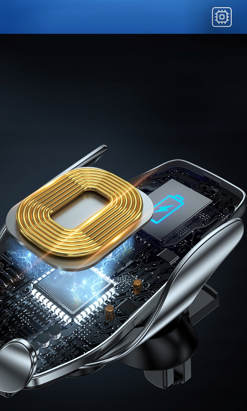 Automobilinis laikiklis telefonui su belaidžiu įkrovikliu, priekiniam stiklui, grotelėms, prietaisų skydeliui