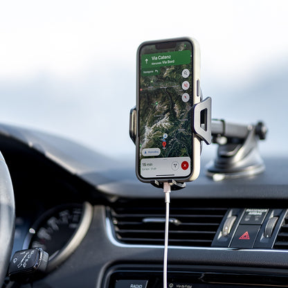 Tvirtas automobilinis laikiklis telefonui ant priekinio stiklo, prietaisų skydelio, salono