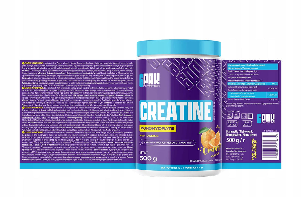 6PAK Creatine Monohydrate 500 g kreatino monohidratas, apelsinų skonio