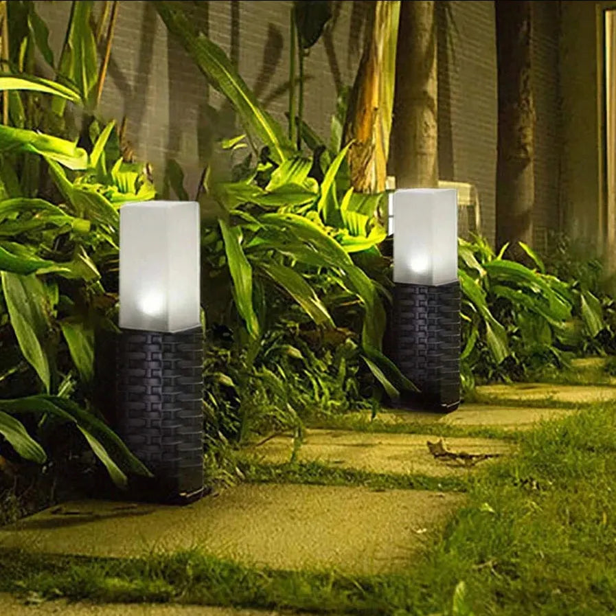 6x POLIFACH saulės energija varomi sodo LED šviestuvai, rattan stiliaus, įsmeigiami, juodi