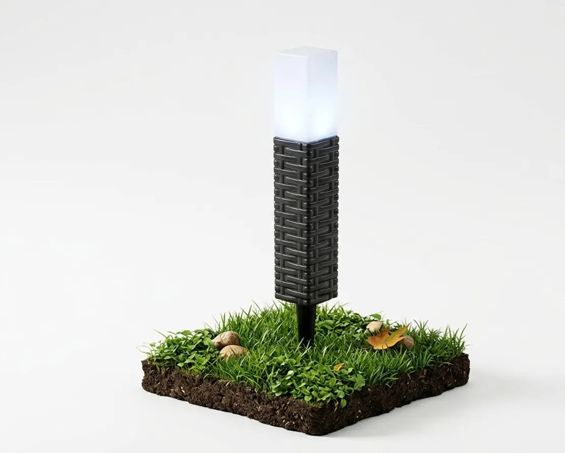 6x saulės energija maitinamos LED sodo stulpelio formos lempos RATTAN, įsmeigiamos, dekoratyvinės, baltos spalvos