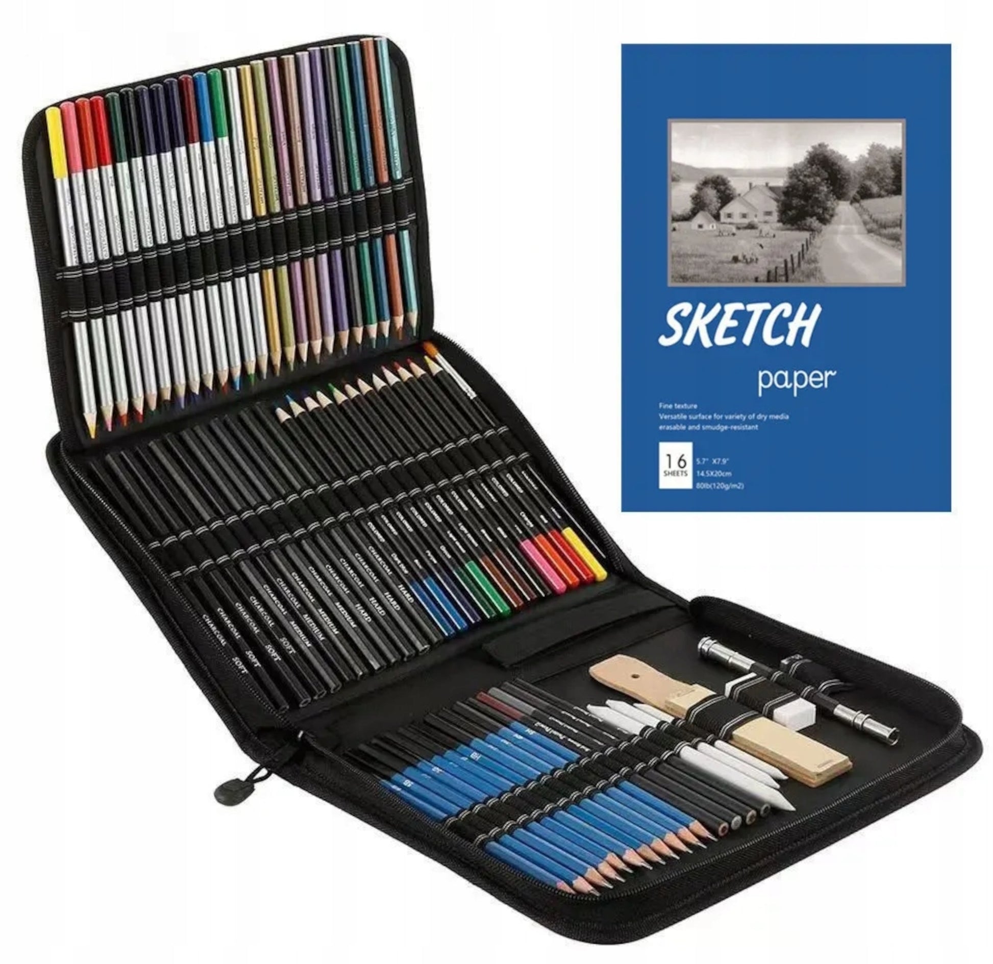 74 PIEŠTUKŲ IR KREDELIŲ RINKINYS ESKIZAVIMUI IR PIEŠIMUI, PROFESIONALUS ESKIZŲ KNYGŲ RINKINYS