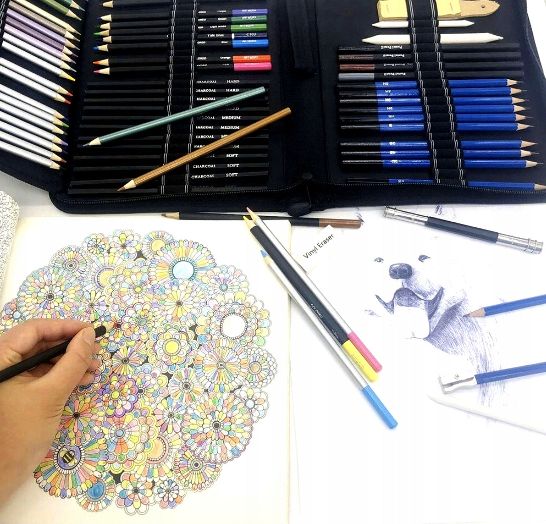 74 PIEŠTUKŲ IR KREDELIŲ RINKINYS ESKIZAVIMUI IR PIEŠIMUI, PROFESIONALUS ESKIZŲ KNYGŲ RINKINYS