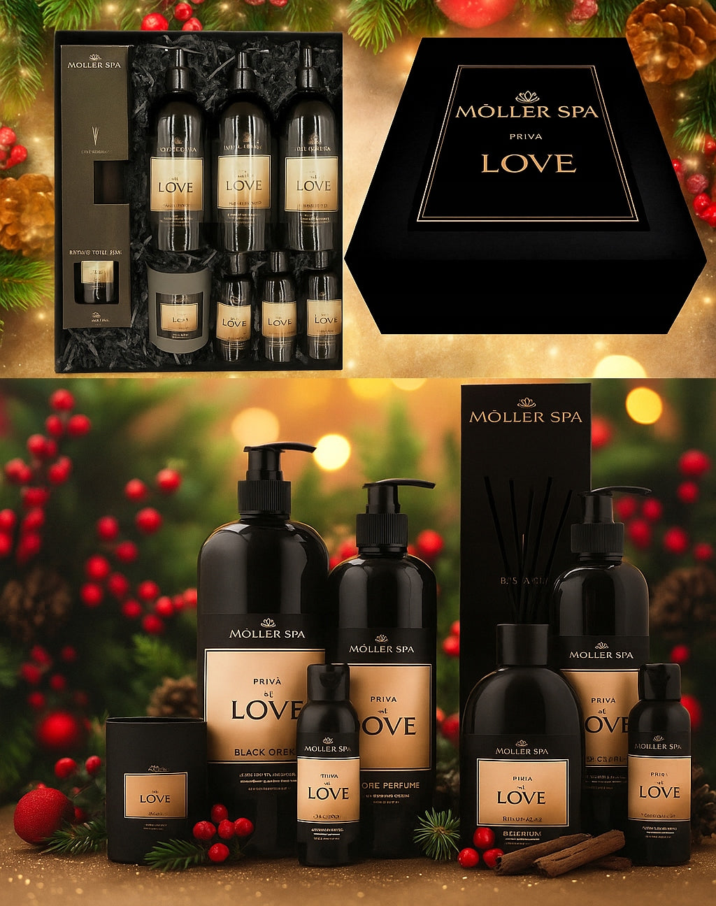 Kalėdinis dovanų rinkinys MOLLER SPA kvapusis žvakių, šampūno, dušo želė ir difuzoriaus rinkinys