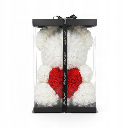 MEŠKUTĖ IŠ ROŽIŲ Didelė 40CM XXL dovanai BALTA su Širdele iš 650 Žiedlapių