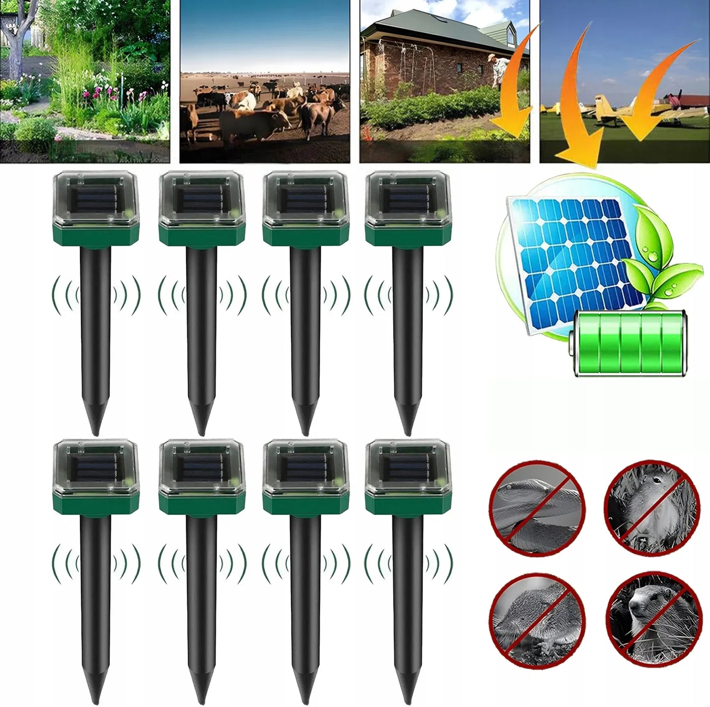 8x galingas saulės energija varomas kurmių, pelėnų ir graužikų repelentas