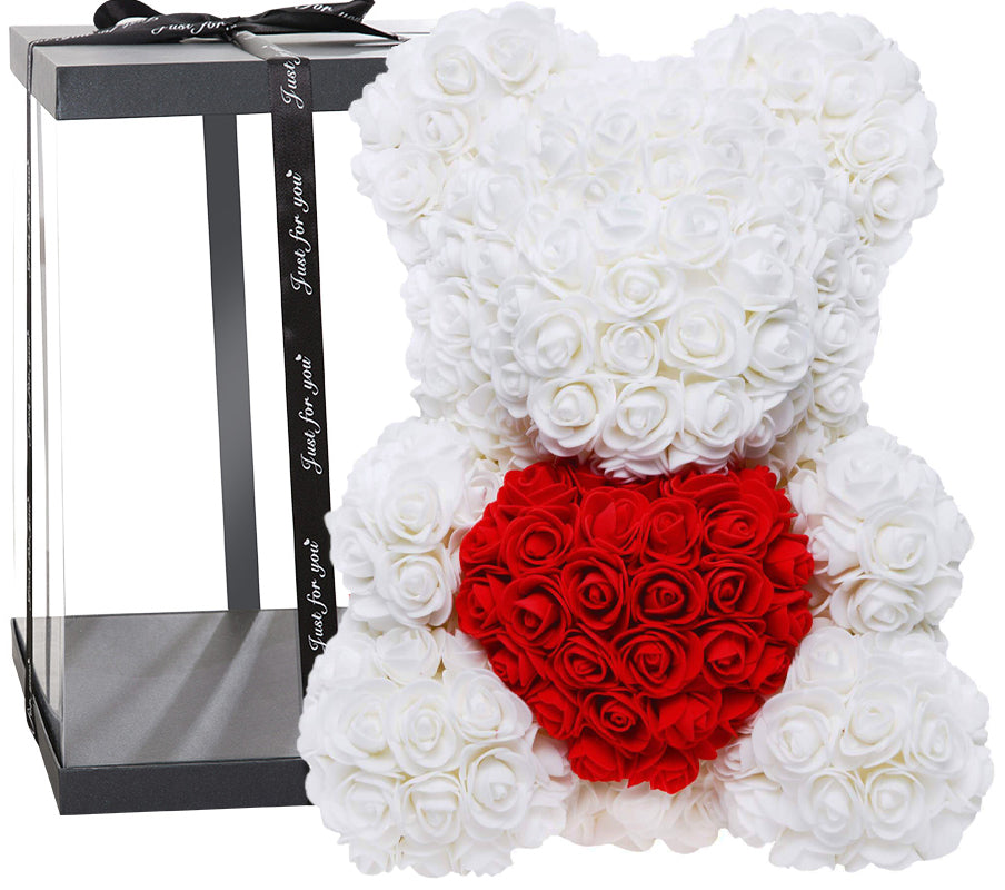 MEŠKUTĖ IŠ ROŽIŲ Didelė 40CM XXL dovanai BALTA su Širdele iš 650 Žiedlapių