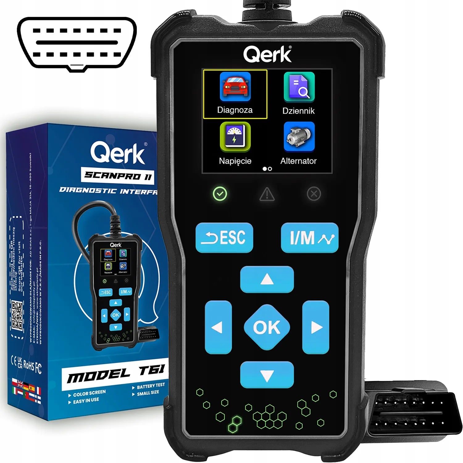OBD2 skaitytuvas lenkišku meniu QERK T61 diagnostinė sąsaja