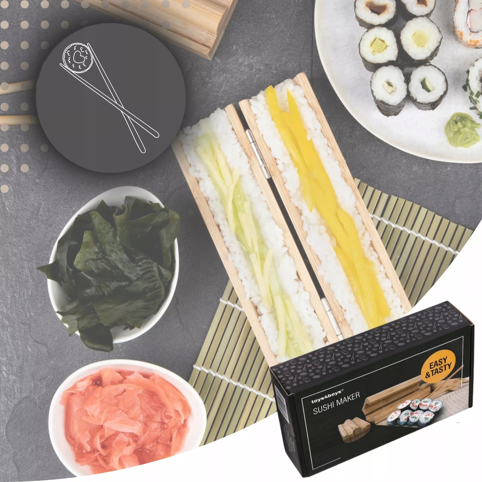 Startinis sushi rinkinys – lazdelės, kilimėlis, maker Bazooka, dovana