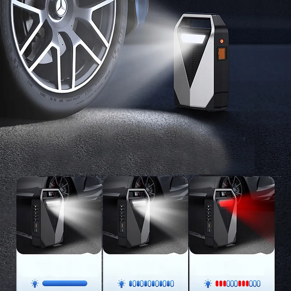 99800mAh automobilinis užvedimo įrenginys – „Powerbank“, oro kompresorius ir avarinis starteris