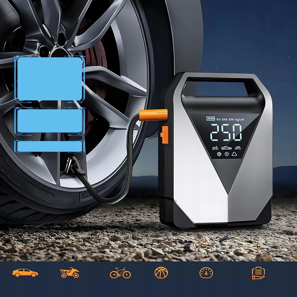 99800mAh automobilinis užvedimo įrenginys – „Powerbank“, oro kompresorius ir avarinis starteris