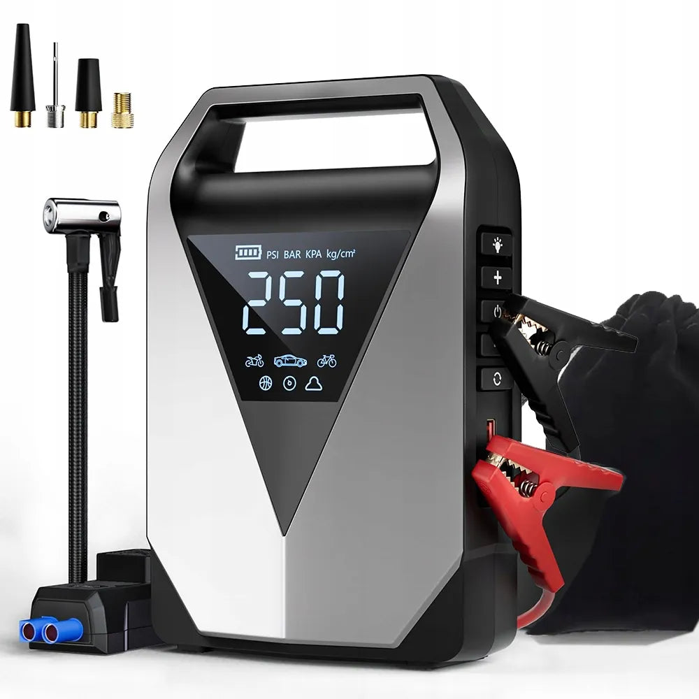 99800mAh automobilinis užvedimo įrenginys – „Powerbank“, oro kompresorius ir avarinis starteris