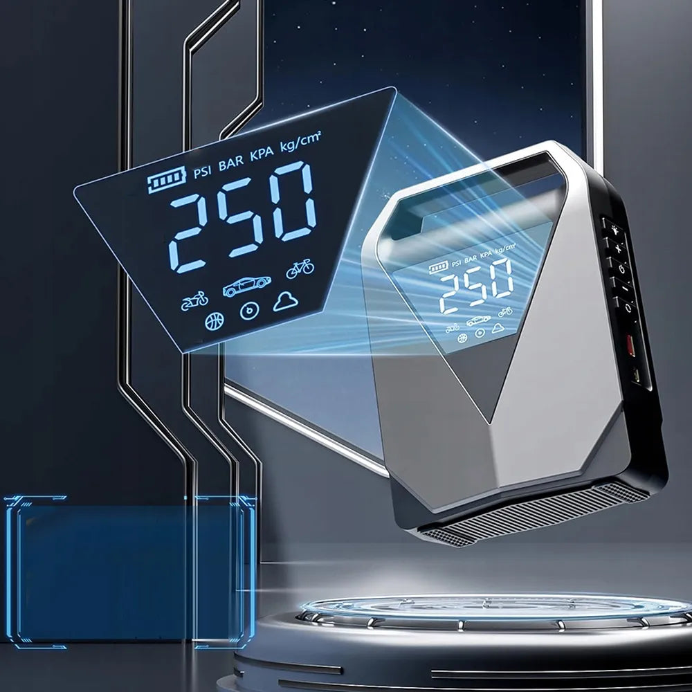 99800mAh automobilinis užvedimo įrenginys – „Powerbank“, oro kompresorius ir avarinis starteris