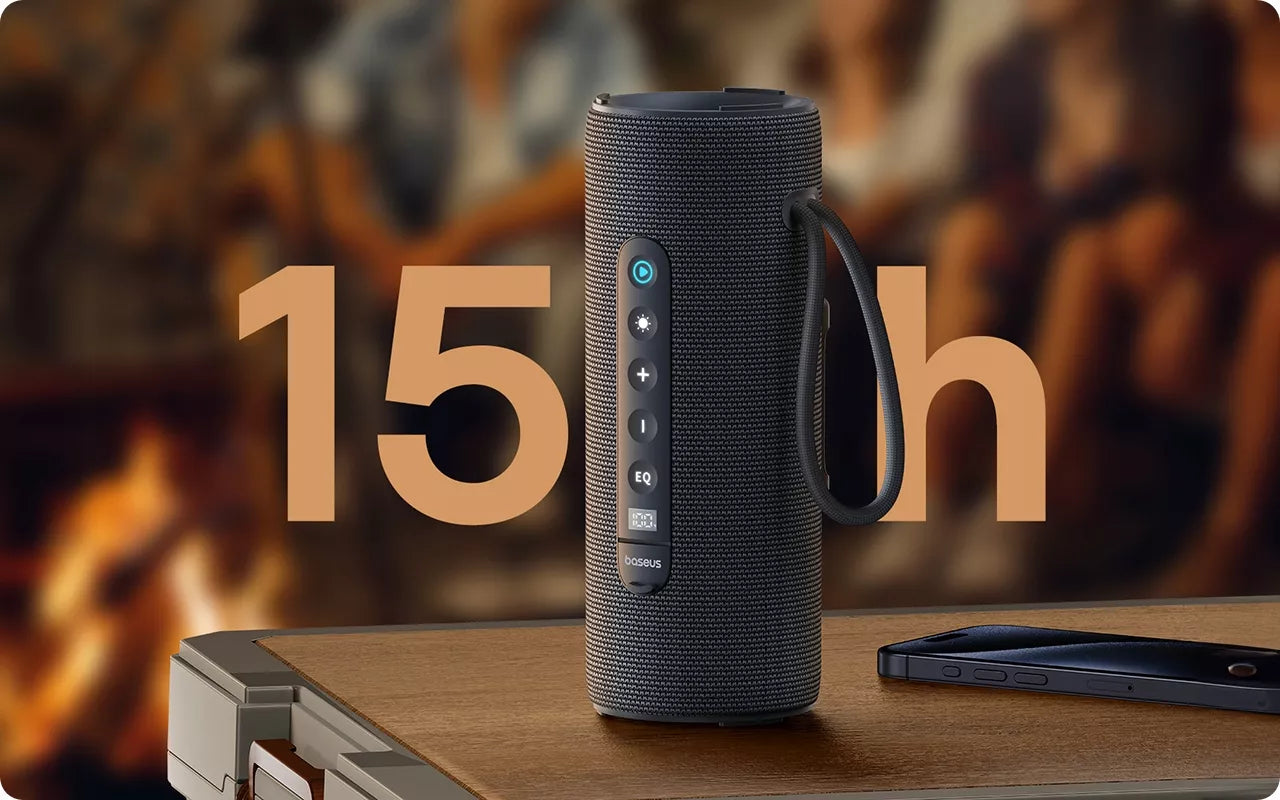 BASEUS NEŠIOJAMAS BELAIDIS BLUETOOTH 5.3 GARSIAKALBIS, GALINGAS, SU LED, IPX5