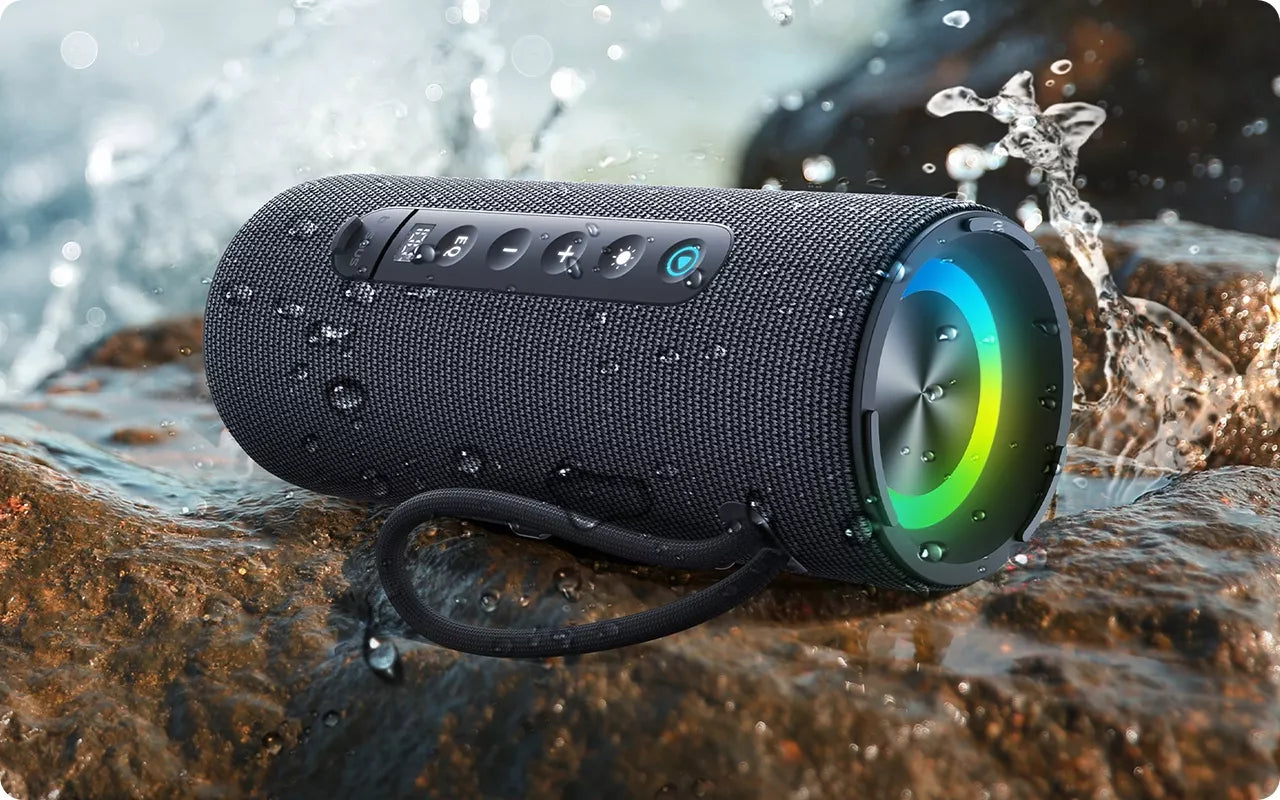 BASEUS NEŠIOJAMAS BELAIDIS BLUETOOTH 5.3 GARSIAKALBIS, GALINGAS, SU LED, IPX5