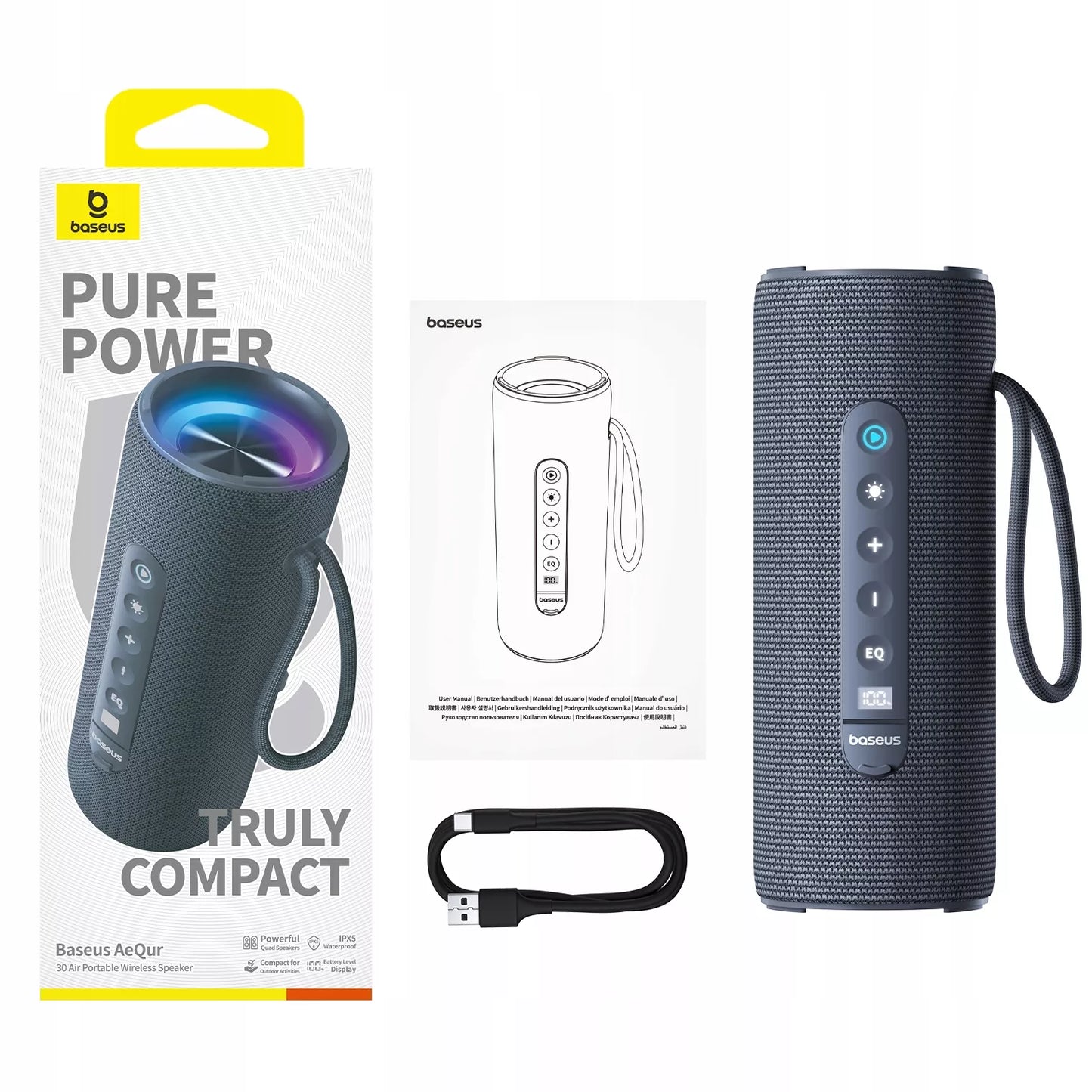 BASEUS NEŠIOJAMAS BELAIDIS BLUETOOTH 5.3 GARSIAKALBIS, GALINGAS, SU LED, IPX5