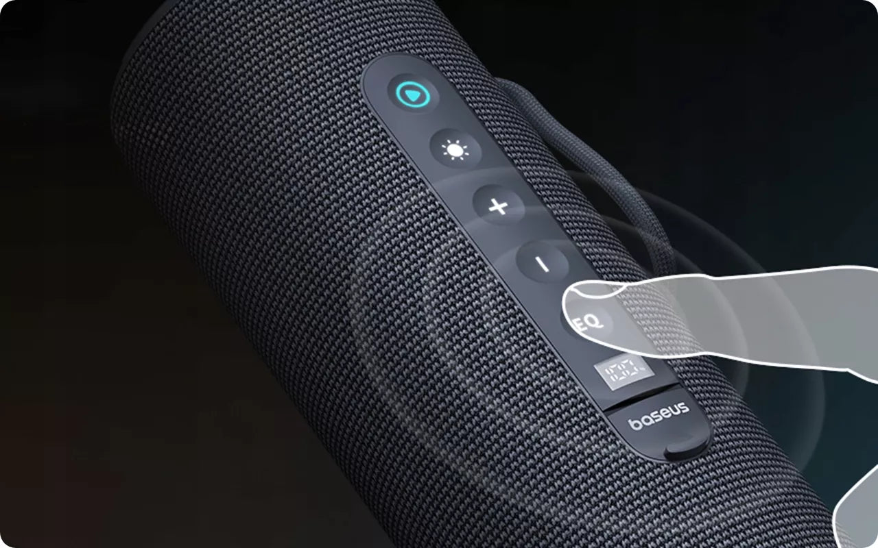 BASEUS NEŠIOJAMAS BELAIDIS BLUETOOTH 5.3 GARSIAKALBIS, GALINGAS, SU LED, IPX5