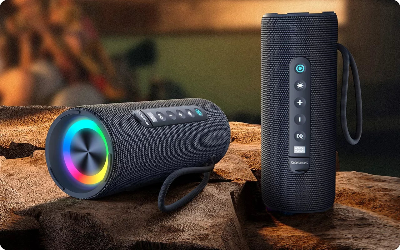 BASEUS NEŠIOJAMAS BELAIDIS BLUETOOTH 5.3 GARSIAKALBIS, GALINGAS, SU LED, IPX5