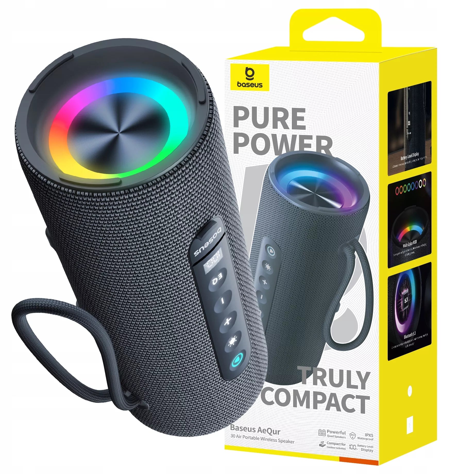 BASEUS NEŠIOJAMAS BELAIDIS BLUETOOTH 5.3 GARSIAKALBIS, GALINGAS, SU LED, IPX5
