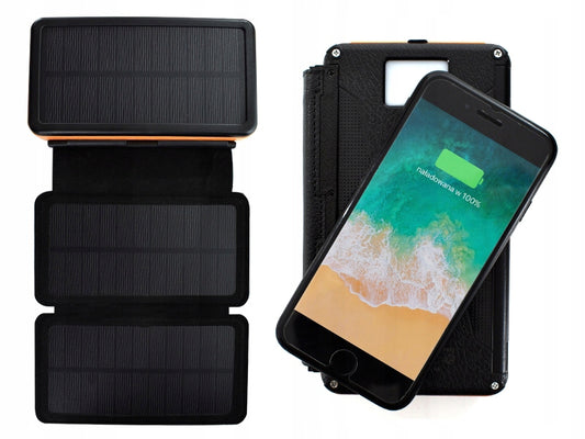 Powerbank Saulės Baterija 3 skydeliai 16000mAh 2xUSB LED Indukcija Turistinis