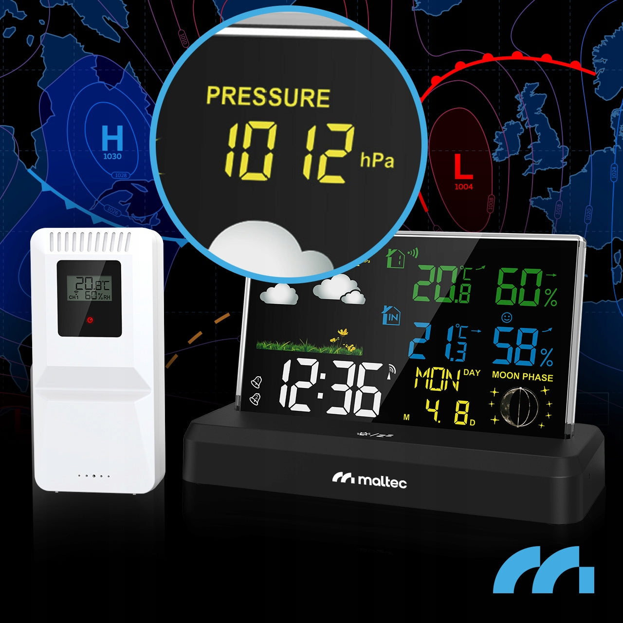 Belaidė orų stotelė su termometru, higrometru, barometru ir lauko jutikliu