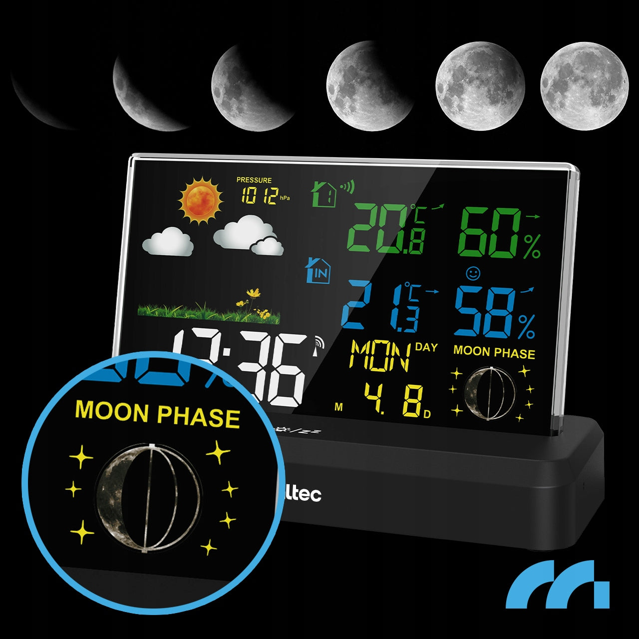 Belaidė orų stotelė su termometru, higrometru, barometru ir lauko jutikliu