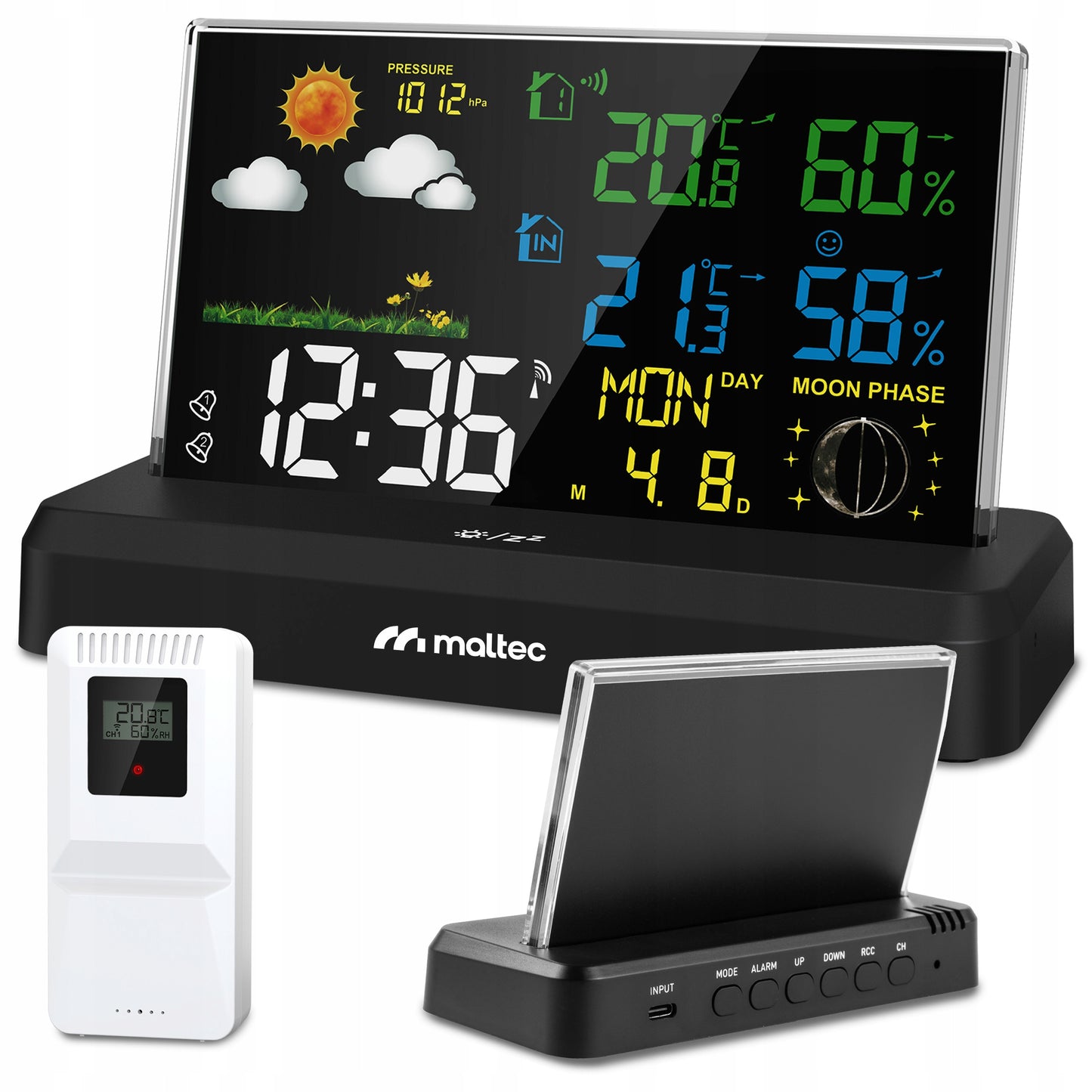 Belaidė orų stotelė su termometru, higrometru, barometru ir lauko jutikliu