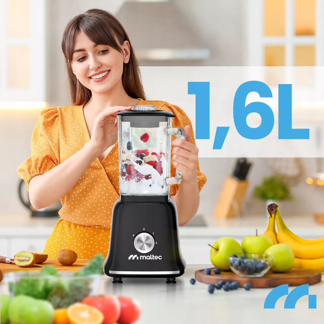 Stiklinis maišytuvas kokteiliams ir glotnučiams, malūnėlis, 2 buteliukai, didelis 1600 ml