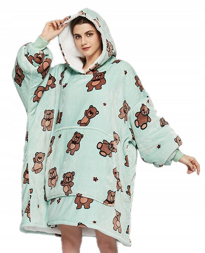 Šiltas "oversize" tipo "kocobluzos" (pledo tipo bliuzonas) 2 viename, su gobtuvu, kišenėmis, imitacija "misi" (avies vilnos tipo) ir dirbtiniu kailiu, patogus