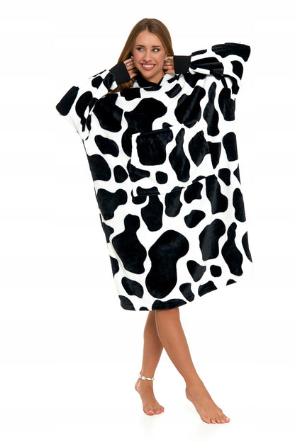 Džemperis su gobtuvu, pledas-džemperis, didelis, storas, šiltas žiemai, su karvės dėmėmis, Moraj