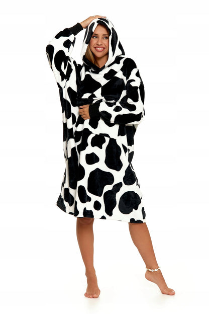 Džemperis su gobtuvu, pledas-džemperis, didelis, storas, šiltas žiemai, su karvės dėmėmis, Moraj