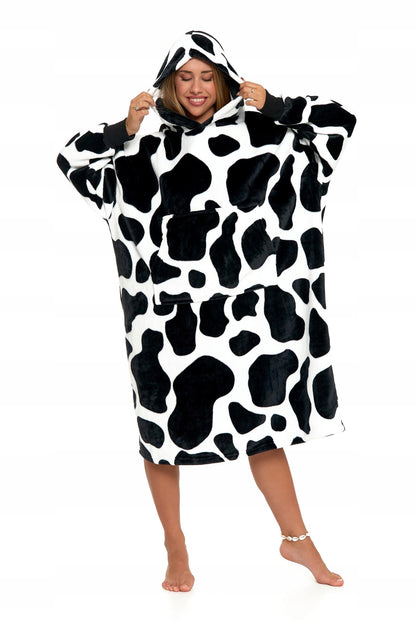 Džemperis su gobtuvu, pledas-džemperis, didelis, storas, šiltas žiemai, su karvės dėmėmis, Moraj