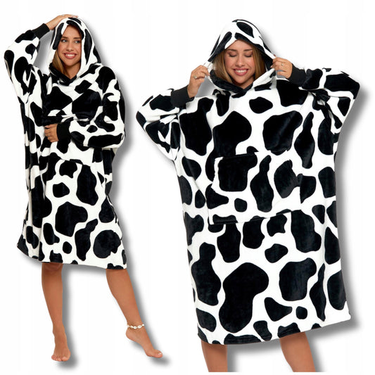 Džemperis su gobtuvu, pledas-džemperis, didelis, storas, šiltas žiemai, su karvės dėmėmis, Moraj