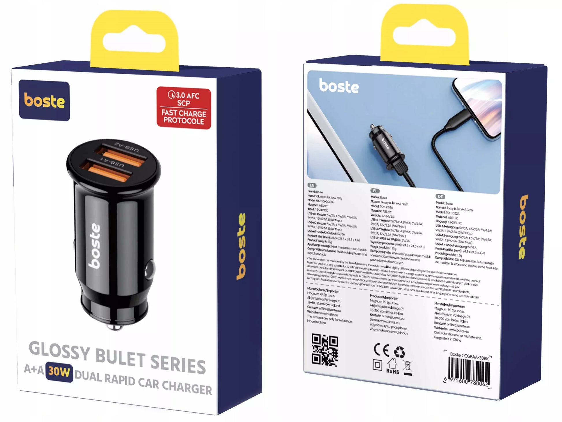 BOSTE greitas galingas automobilinis įkroviklis 2x USB-A 30W universalus QC 3.0
