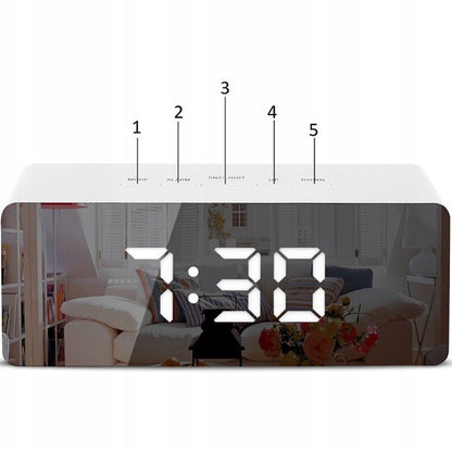 Elektroninis žadintuvas laikrodis su termometru ir veidrodžiu, modernaus dizaino LED
