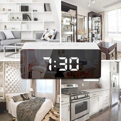 Elektroninis žadintuvas laikrodis su termometru ir veidrodžiu, modernaus dizaino LED