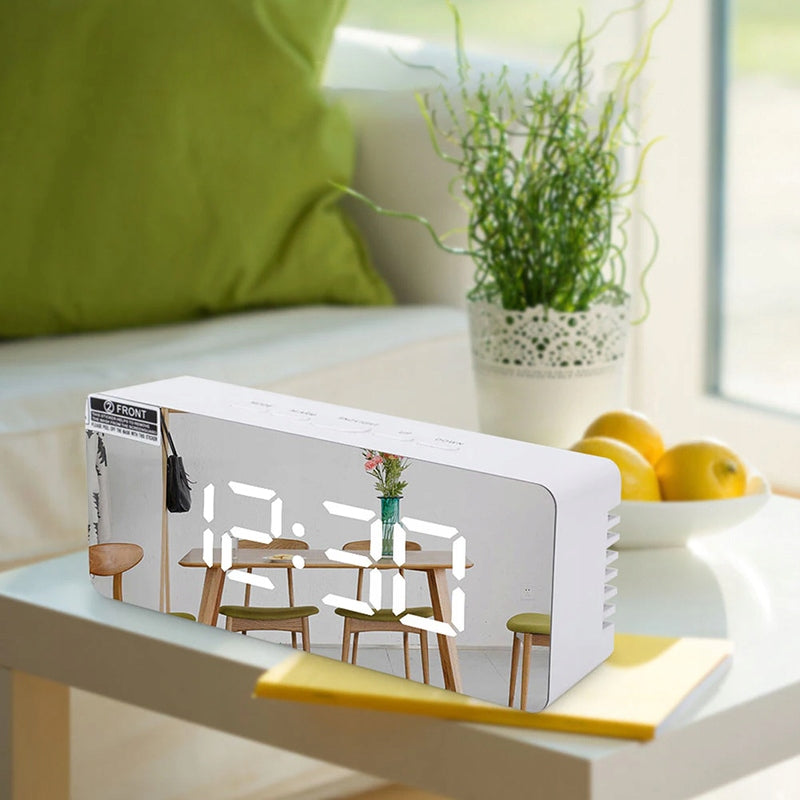 Elektroninis žadintuvas laikrodis su termometru ir veidrodžiu, modernaus dizaino LED