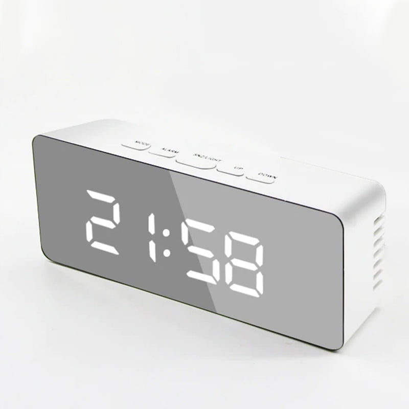 Elektroninis žadintuvas laikrodis su termometru ir veidrodžiu, modernaus dizaino LED