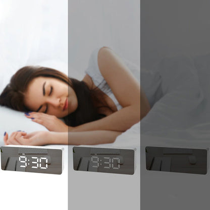 Elektroninis žadintuvas laikrodis su termometru ir veidrodžiu, modernaus dizaino LED